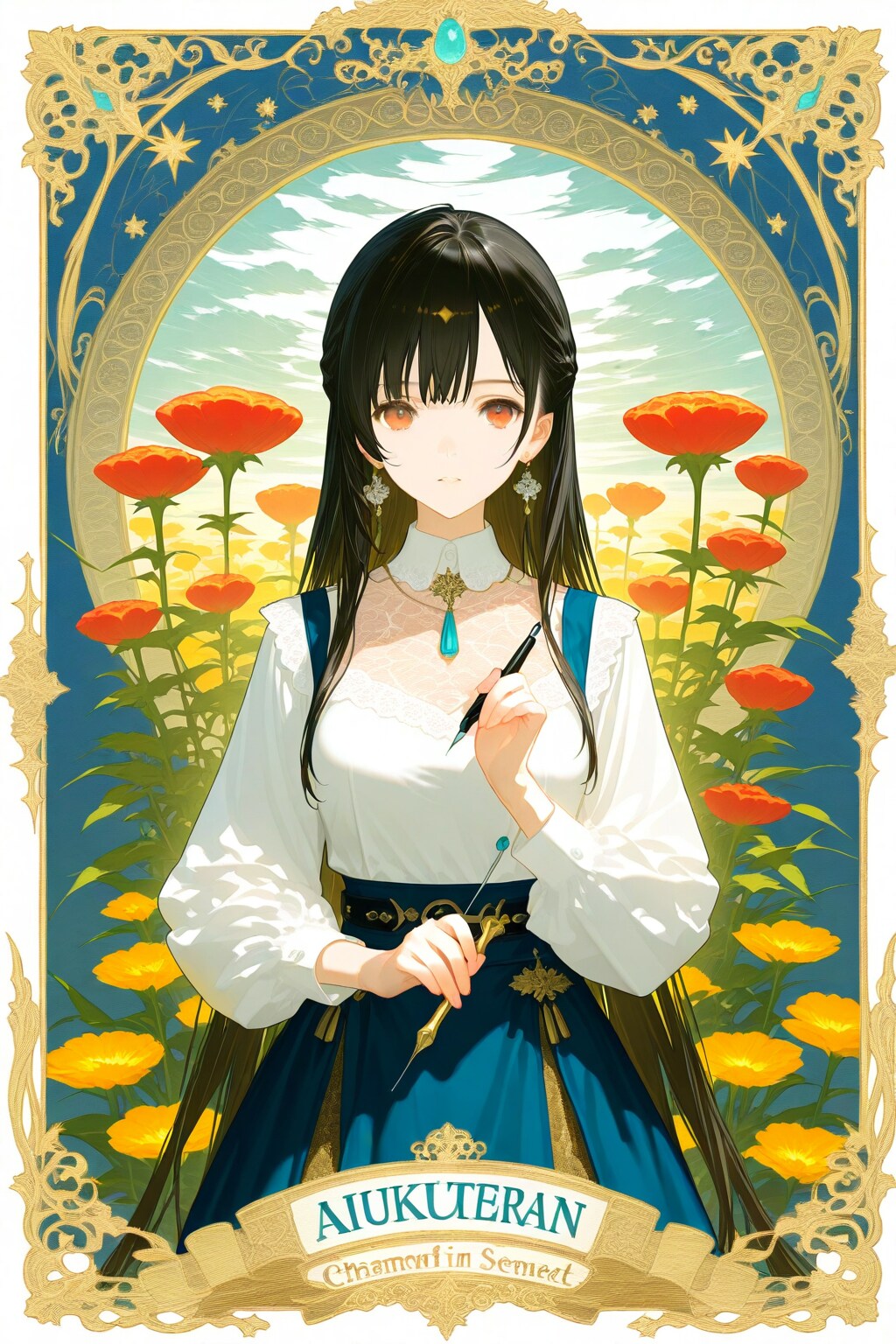 髪の長い美女の4色極細ニードルペンによる超絶精細画像