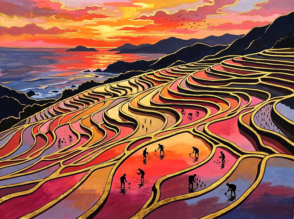 千枚田・夕昼夜