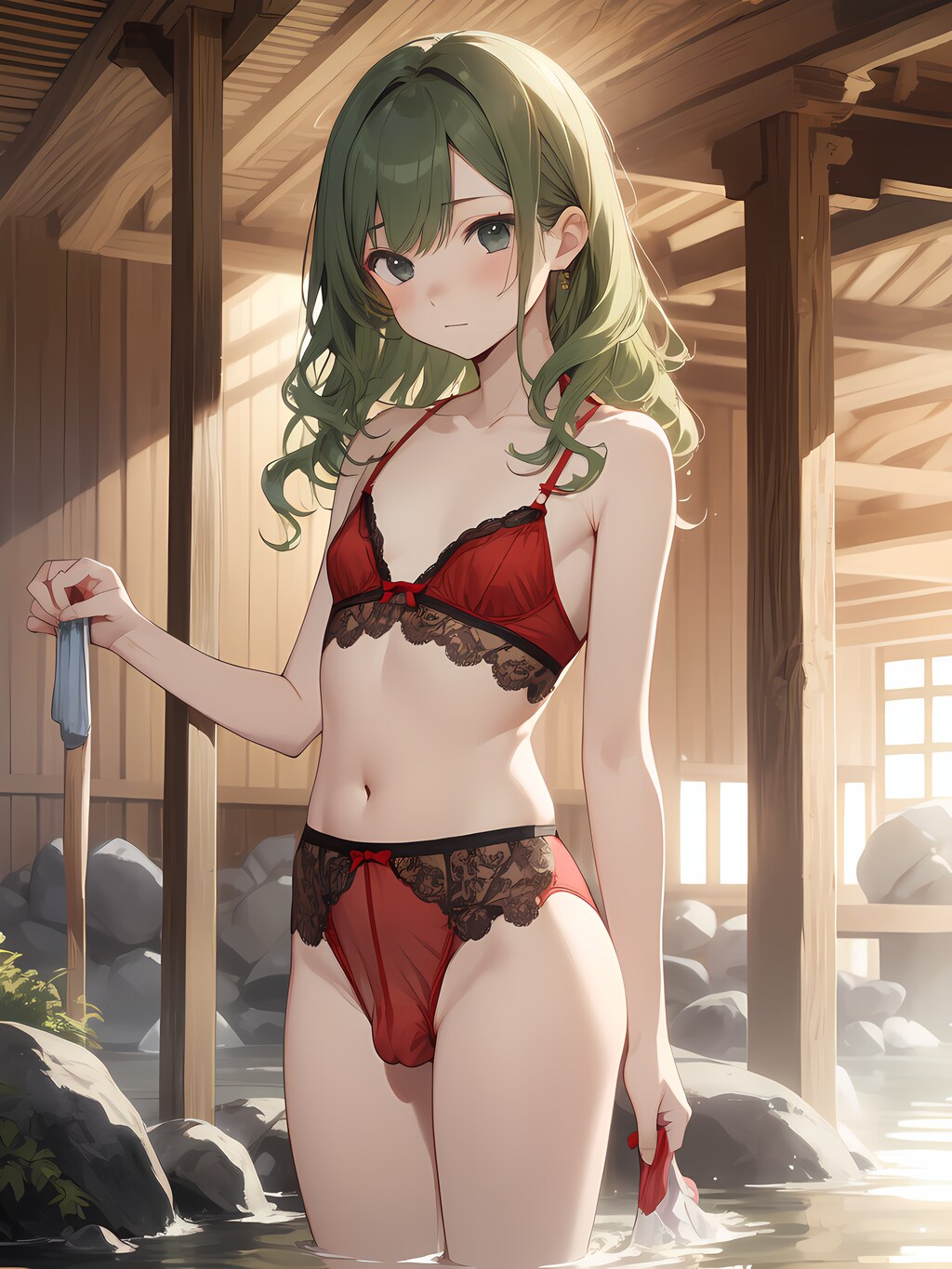 温泉を楽しむ緑髪の男の娘