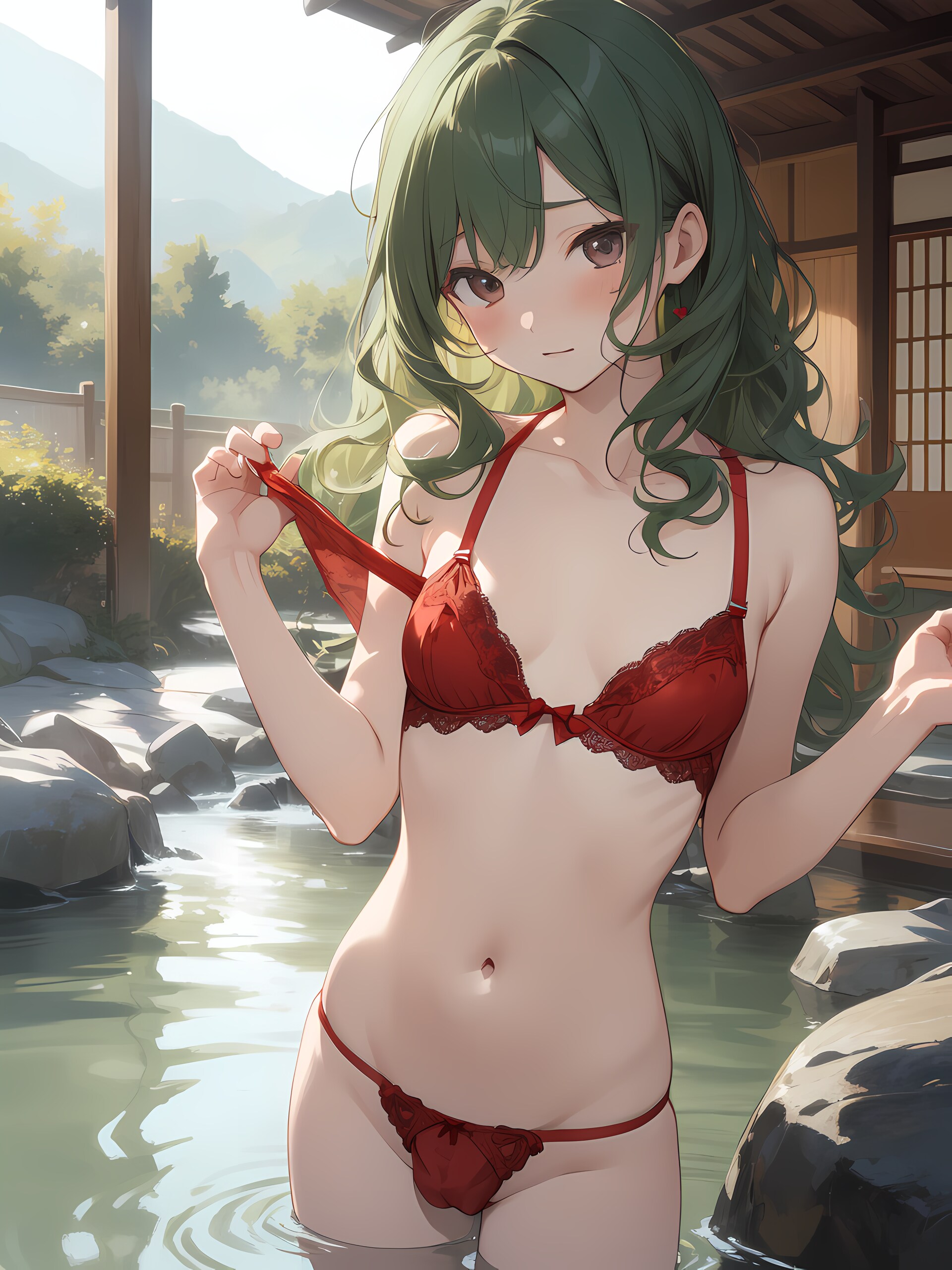 温泉を楽しむ緑髪の男の娘