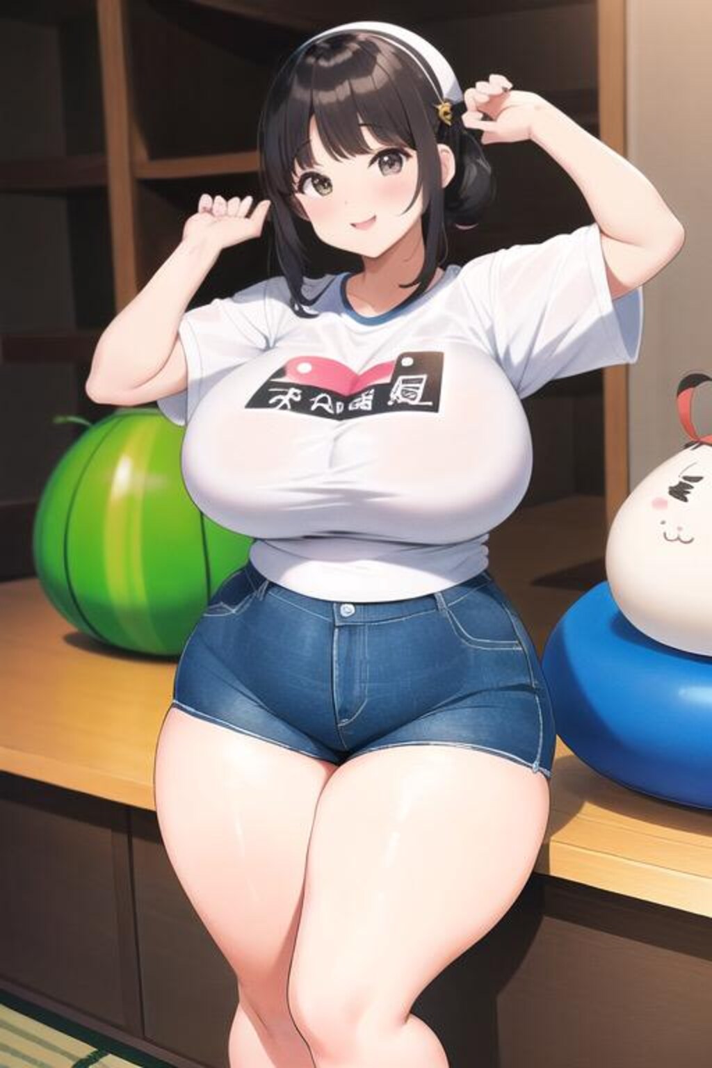自宅とスイカとぽっちゃり女子