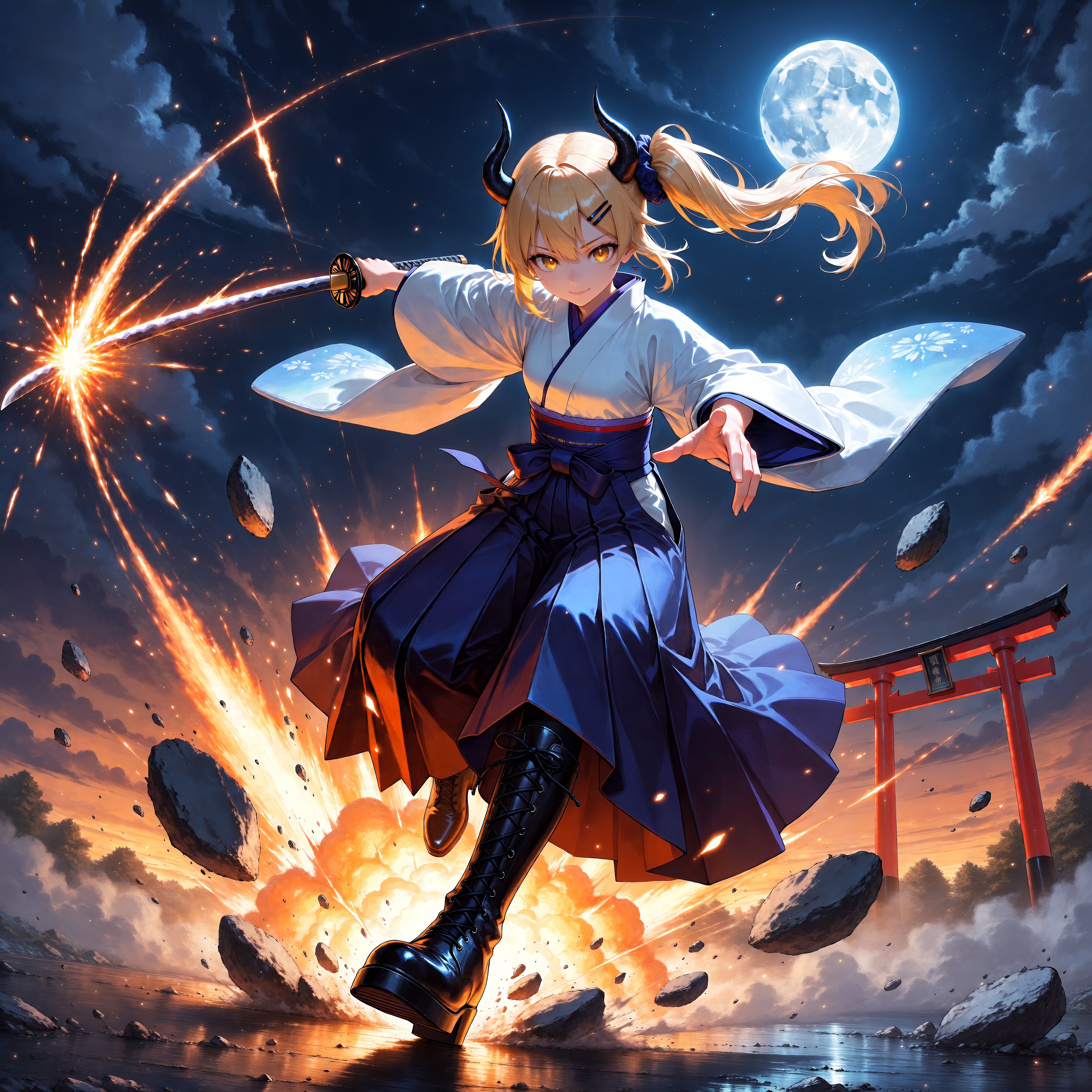 月夜の鳥居と爆発剣技女鬼高生さん | の人気AIイラスト・グラビア