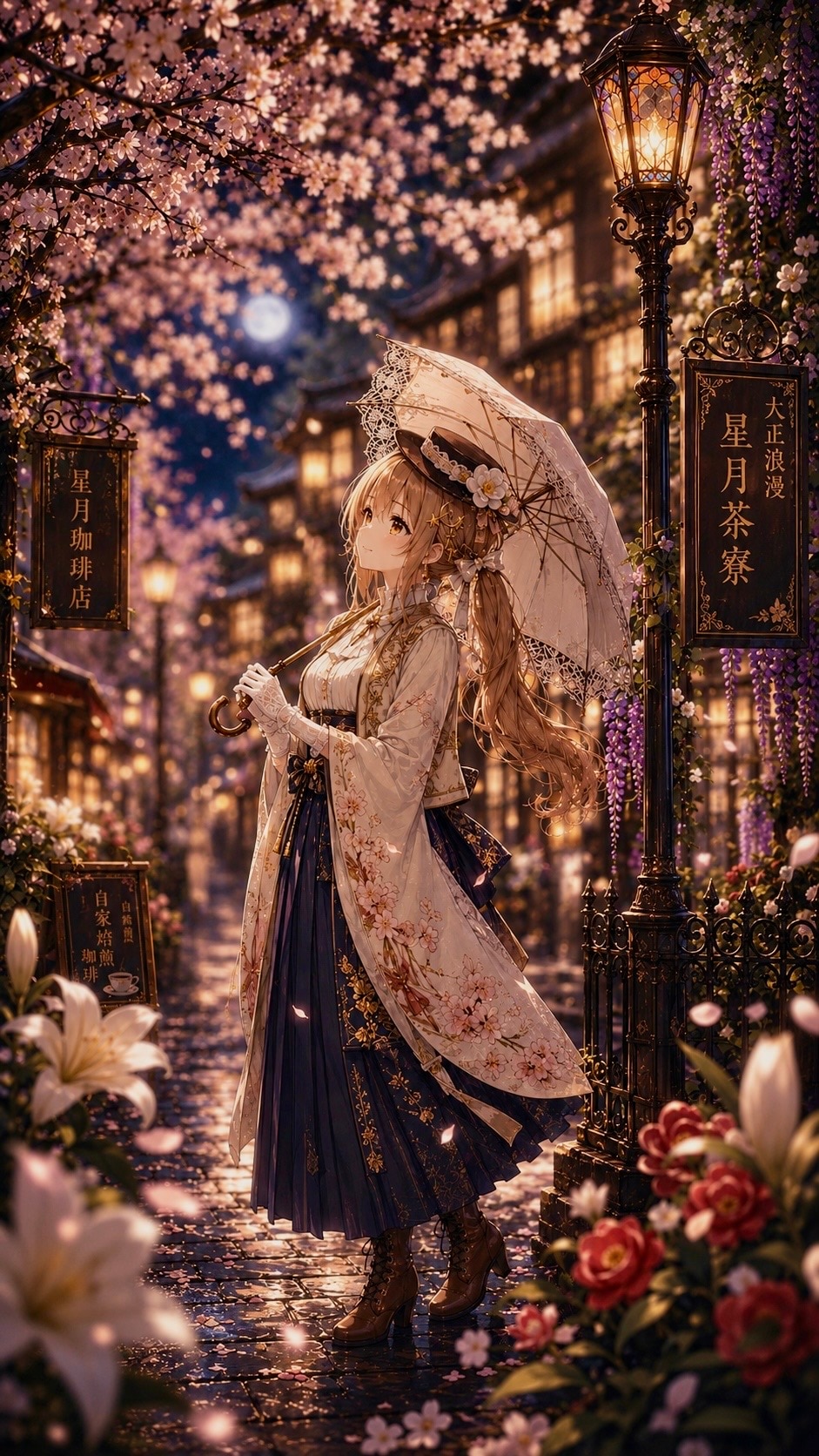 夜桜とガス灯のハイカラ散歩 | の人気AIイラスト・グラビア