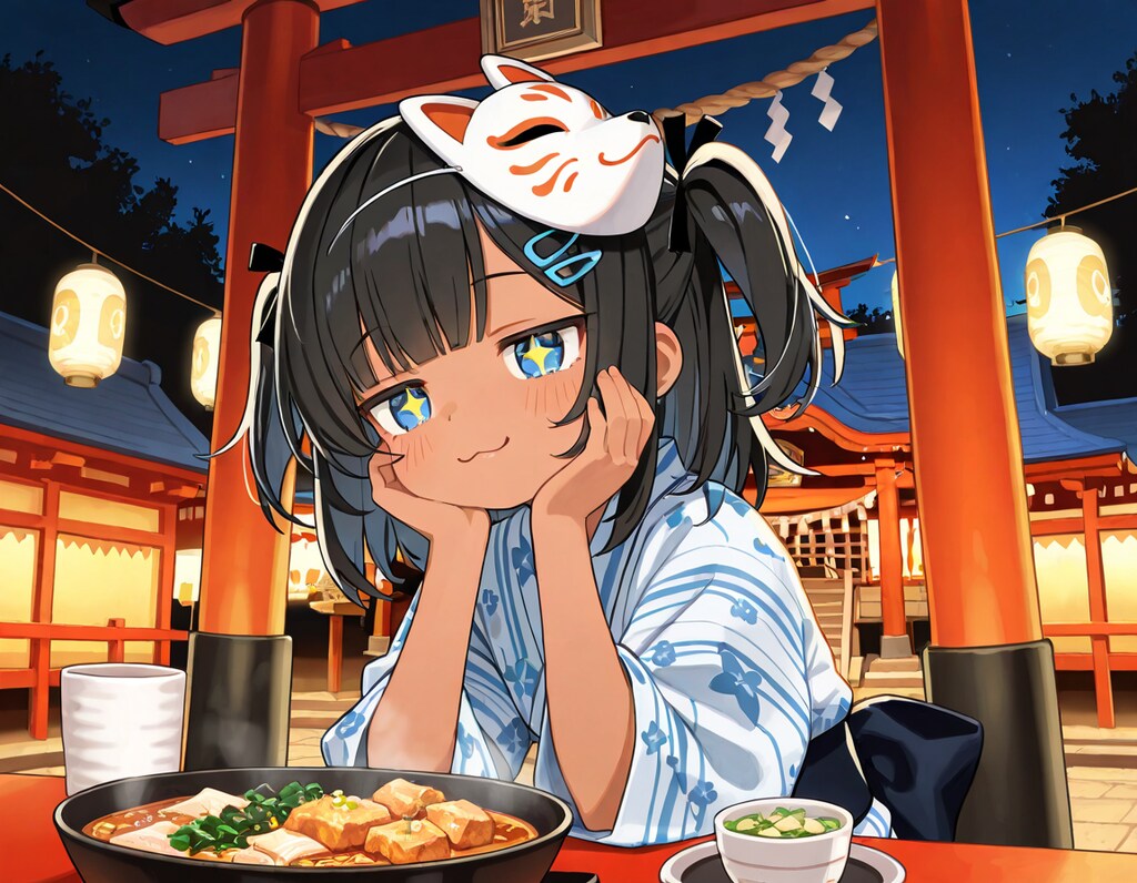 神社で油揚げを食べるキツネ面こなつ