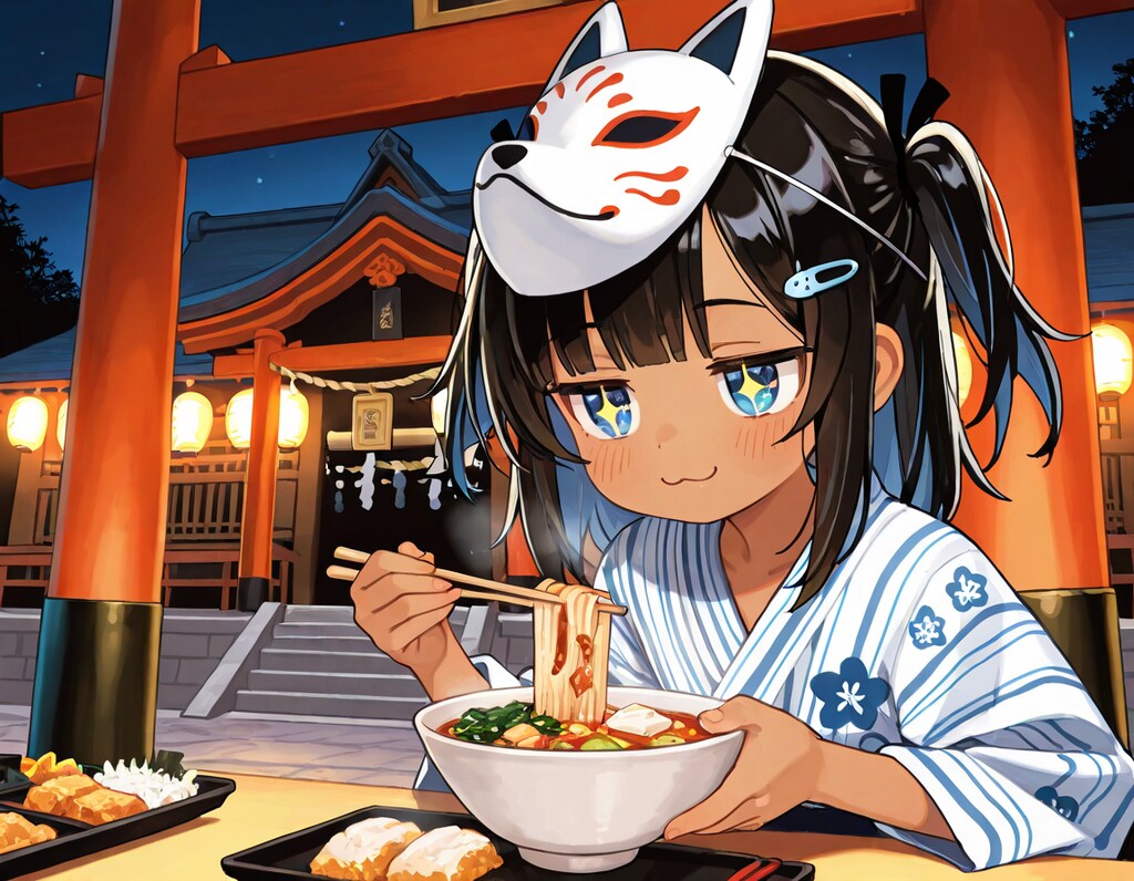 神社で油揚げを食べるキツネ面こなつ