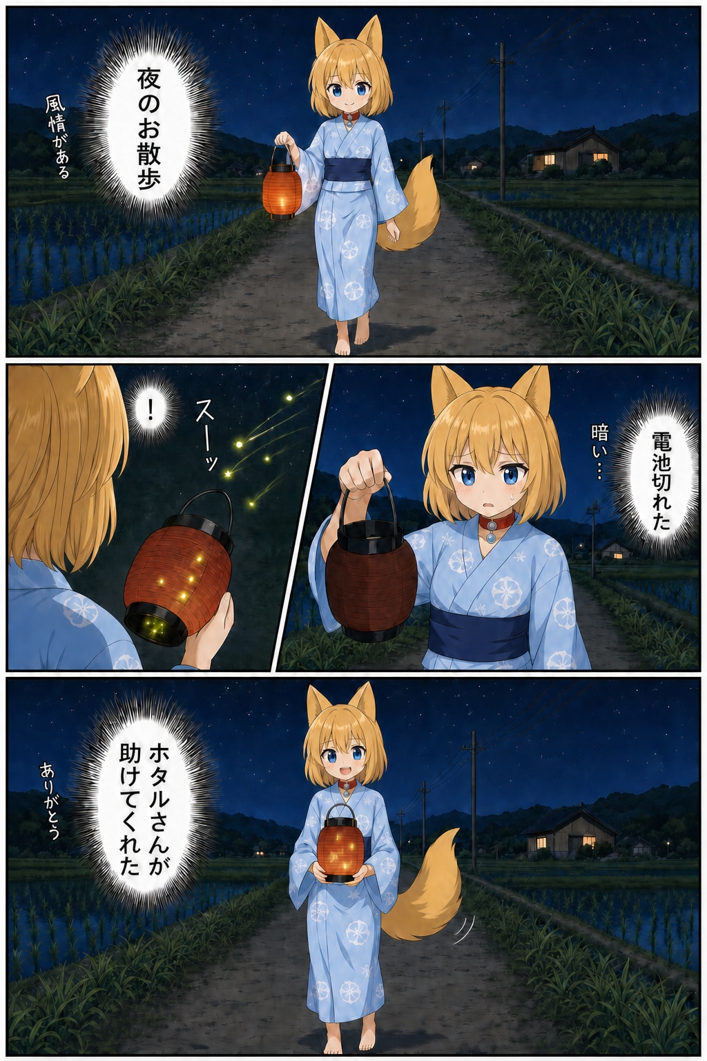 優しいホタルさんに助けられるキツネ