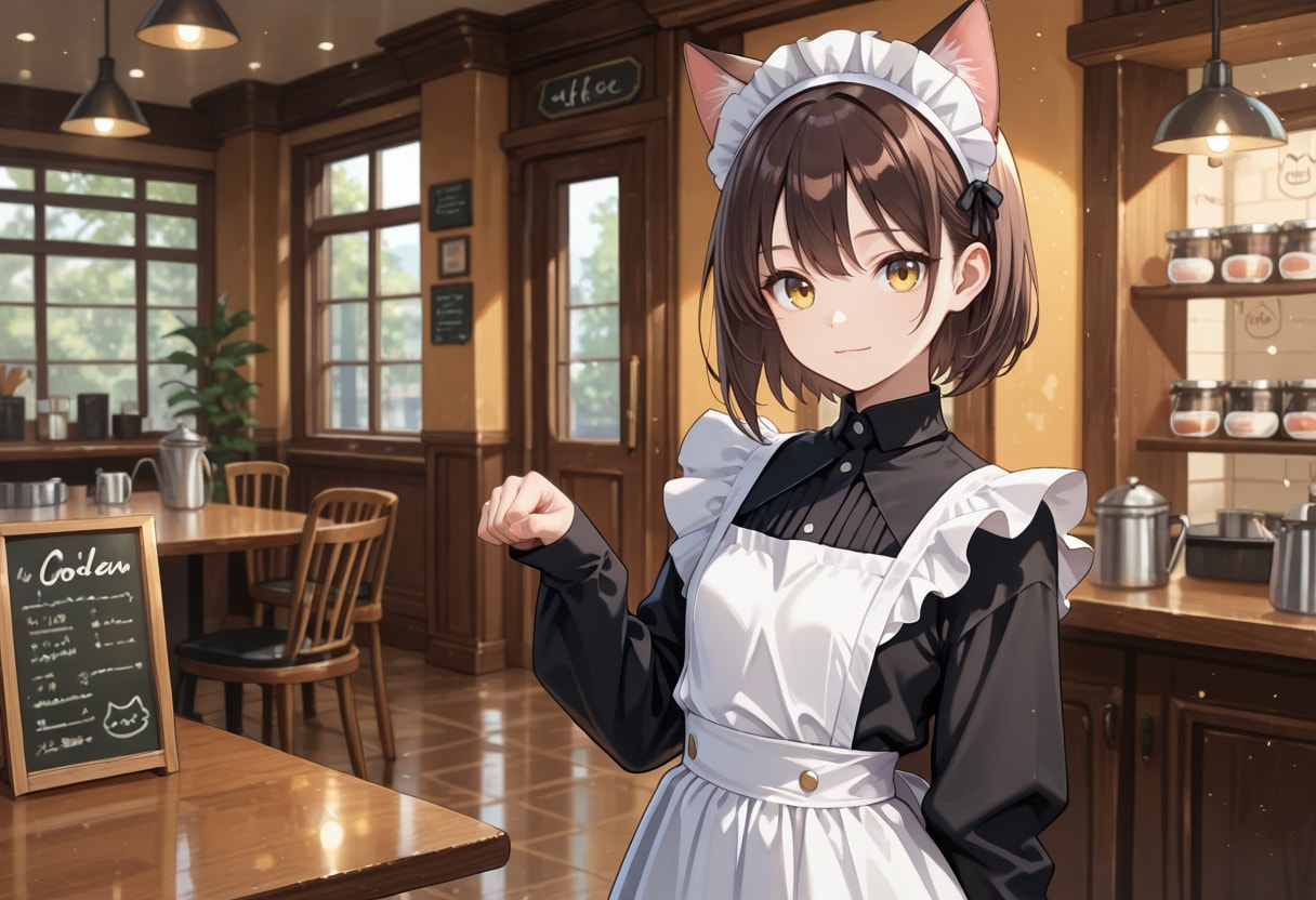 喫茶店で働くいつもの猫娘さん | の人気AIイラスト・グラビア