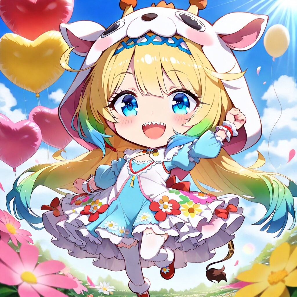 花畑と風船とキリン帽子ちび子ちゃん