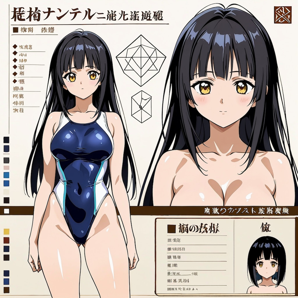 全国の水泳部に潜む！潜伏型、悪のハイレグ女戦闘員（競泳水着量産型あどけない後輩ちゃん仕様）の設定資料っぽい？イラスト