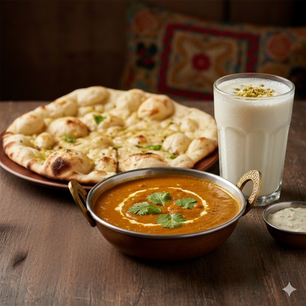 【昼食】ナン、カレー、ラッシー