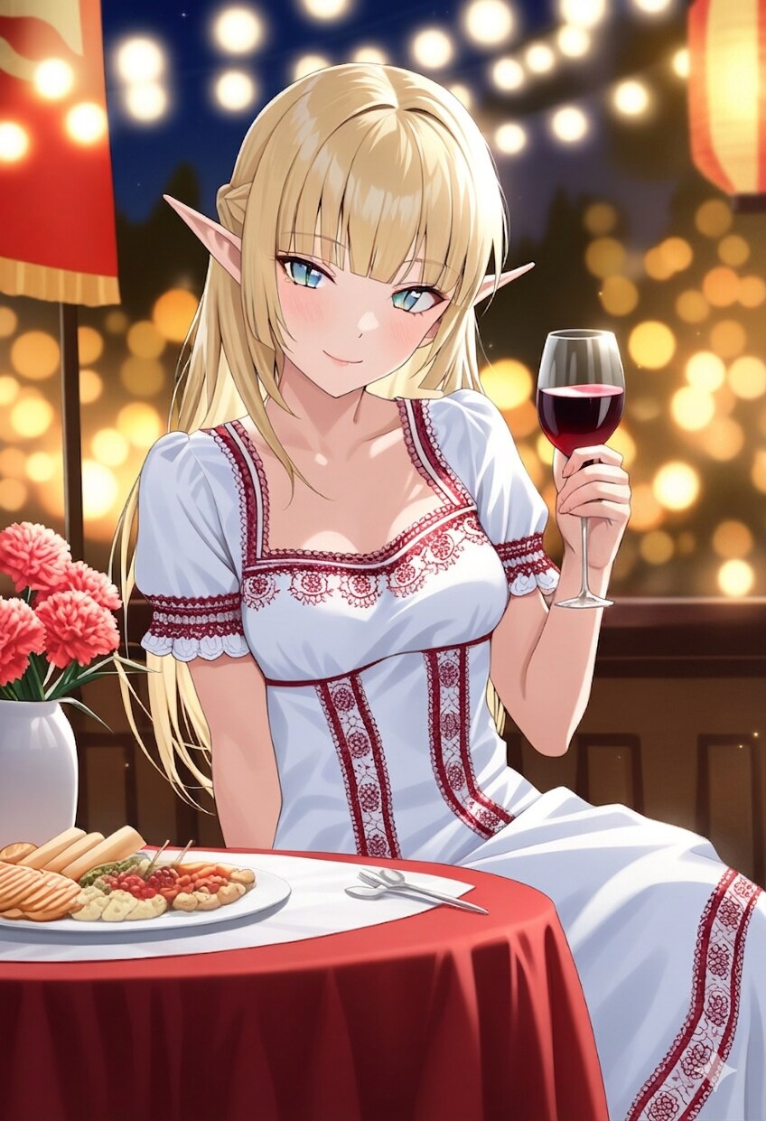 赤ワインを飲むエルフのお嬢様