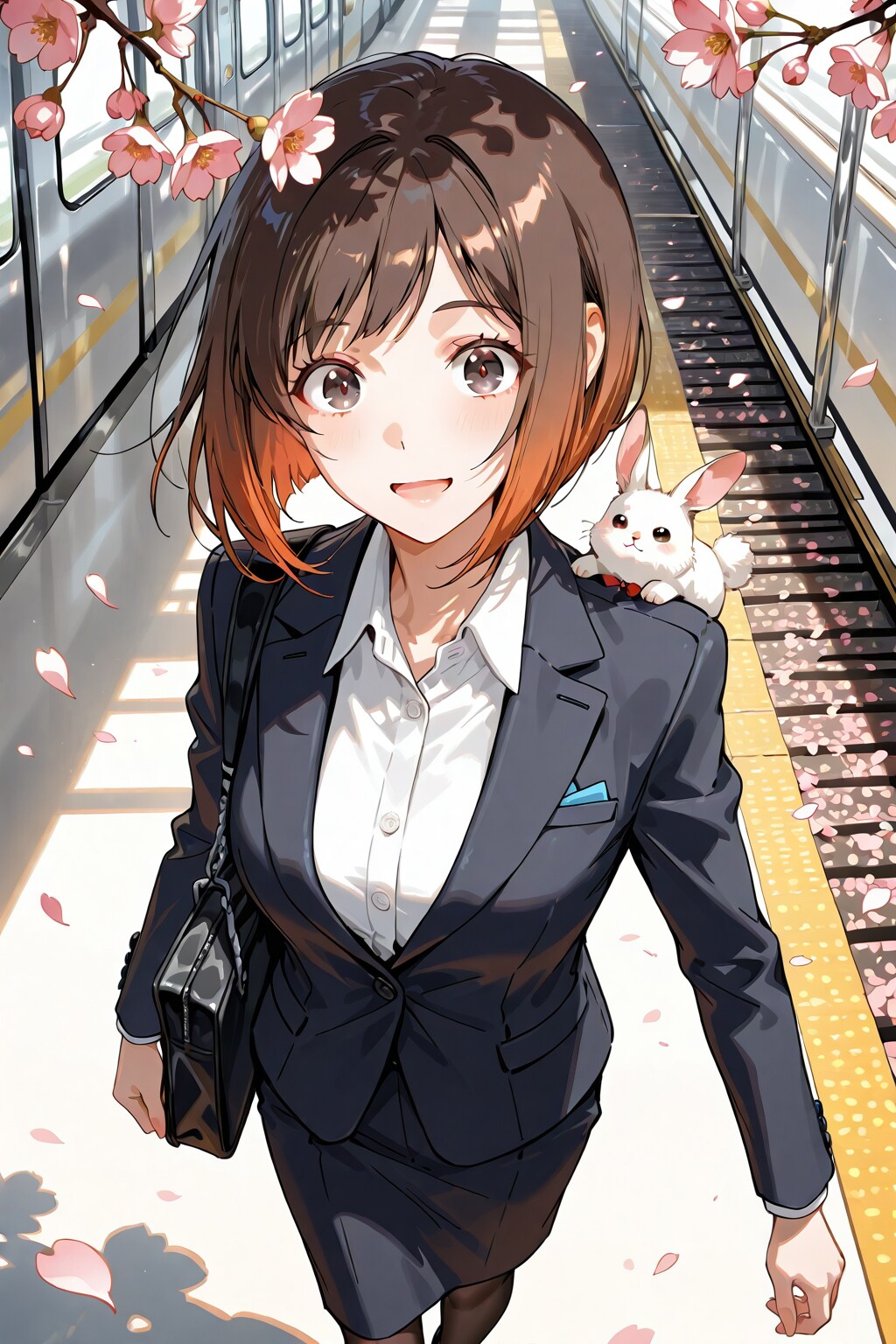 桜舞う朝のホーム