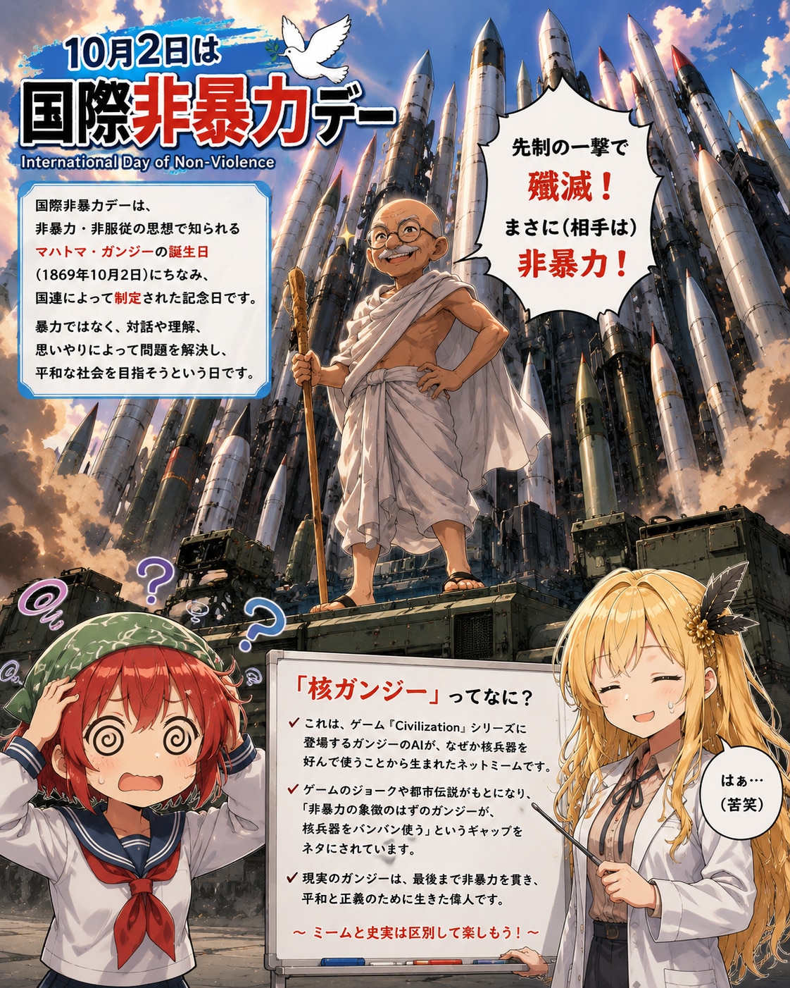 10月2日は国際非暴力デー | の人気AIイラスト・グラビア