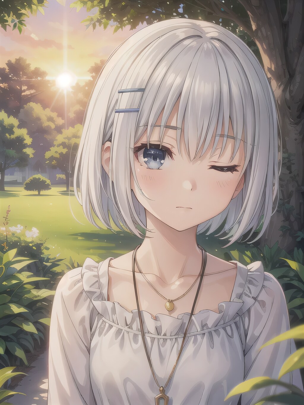 銀髪ボブでワンピースの少女