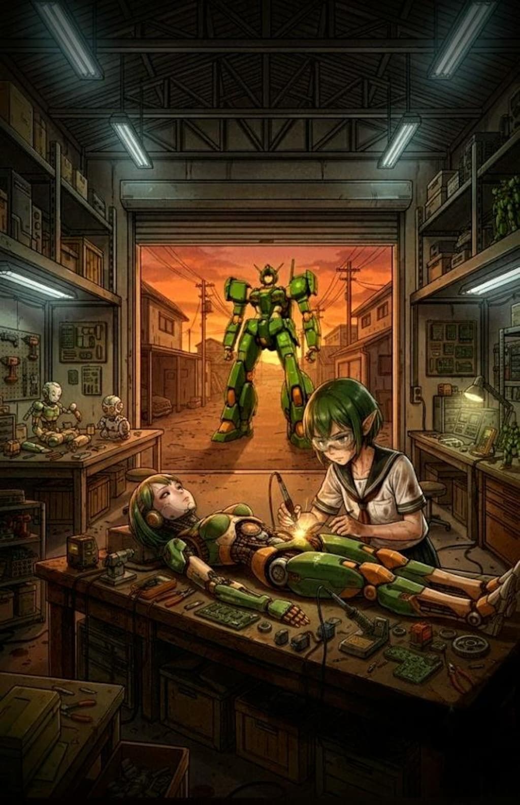 佇む緑色ロボットと､サイボーグ娘を開発中の🪛緑髪エルフ🍏