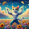 油絵ファンタジー、メキシコ国境のコスモス畑を舞う妖精筋肉猫 3枚目