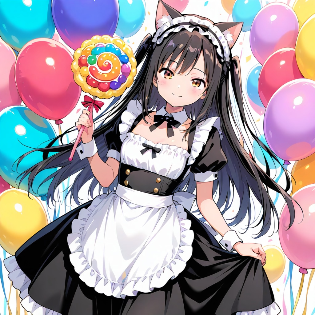 色とりどりのいっぱいの風船を持つ黒髪ロングのメイド服着た美女