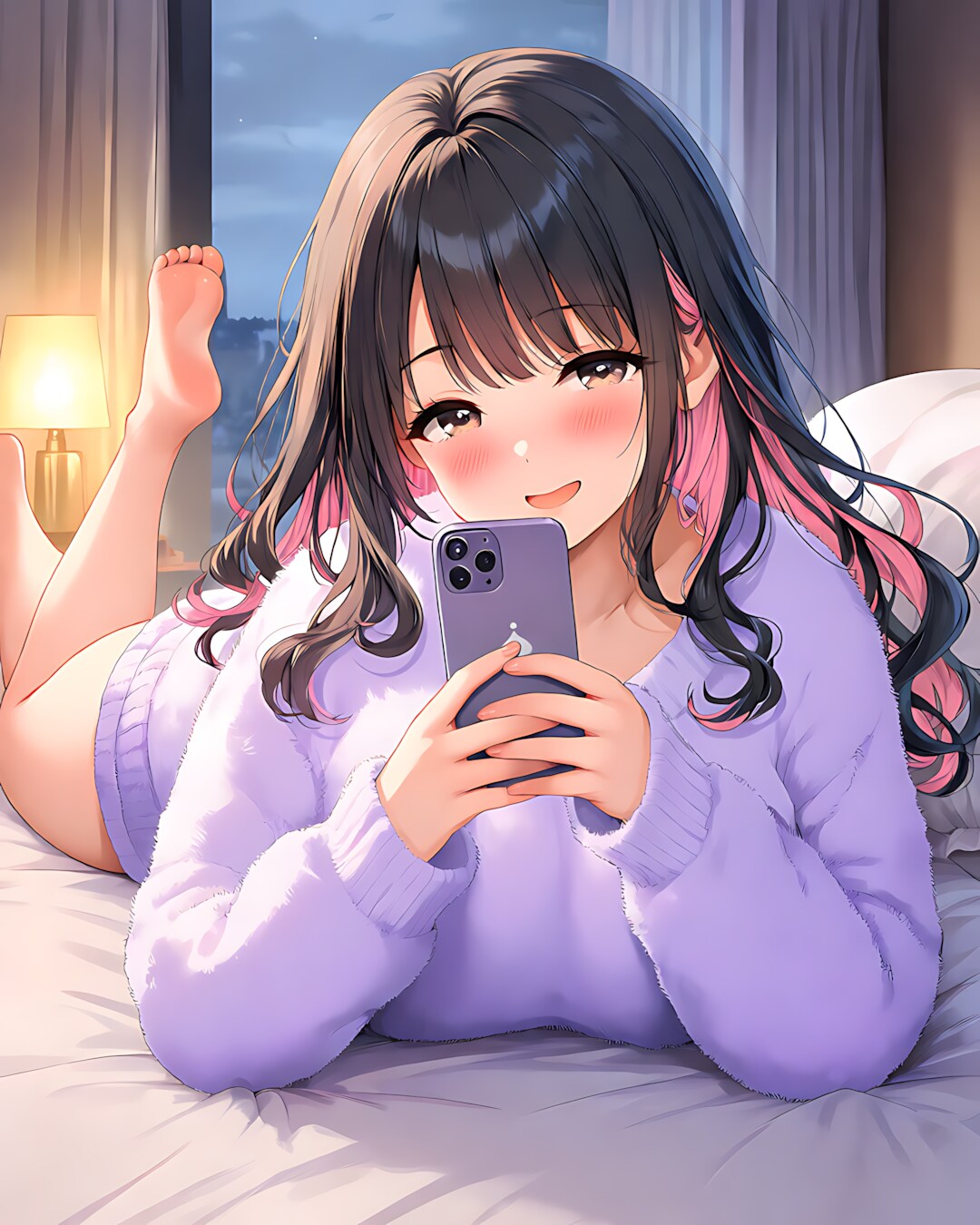 🌙ベッドの上でリナとうつ伏せスマホ、おやすみパタパタ✨