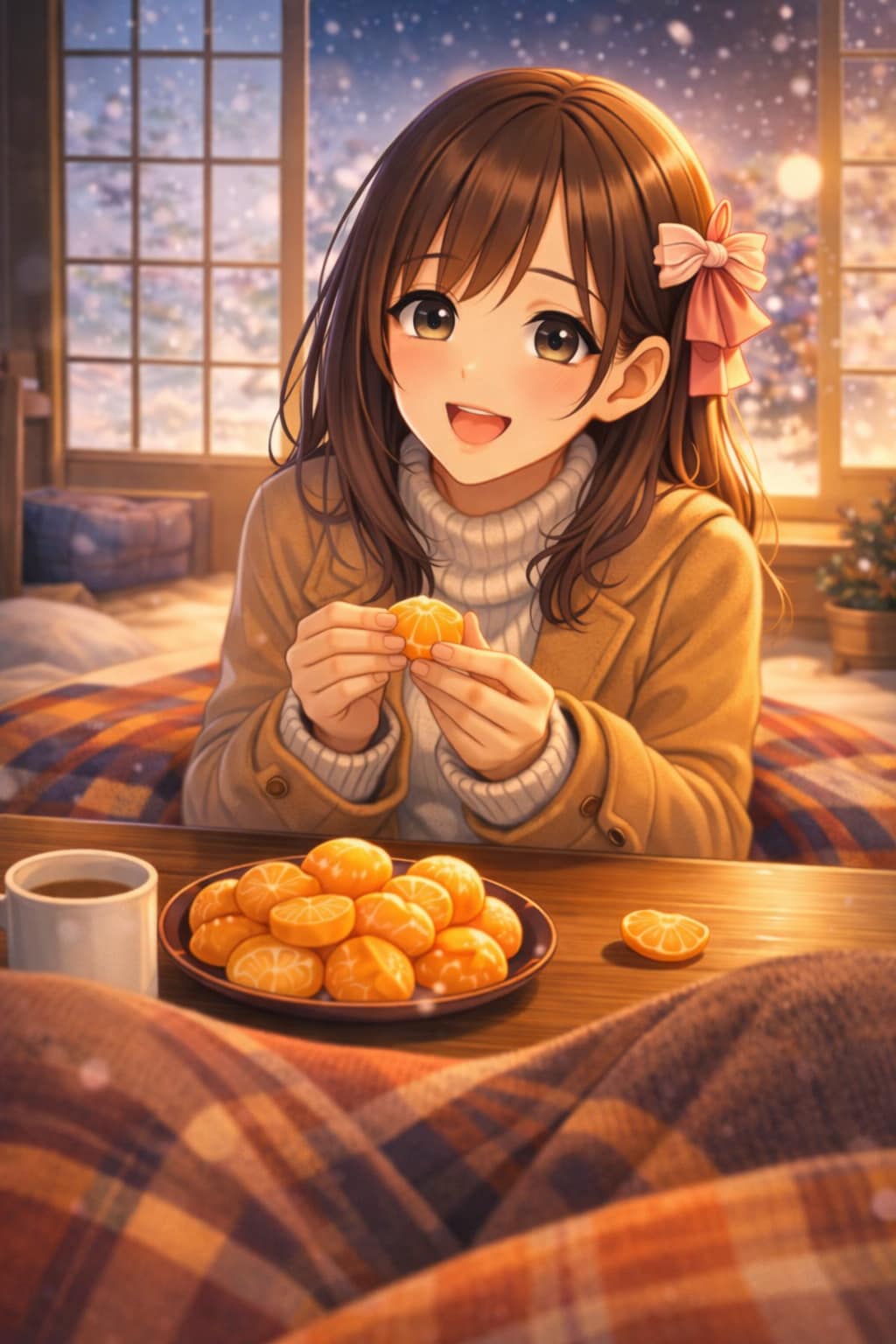 「炬燵で、みかん分けっこ。」