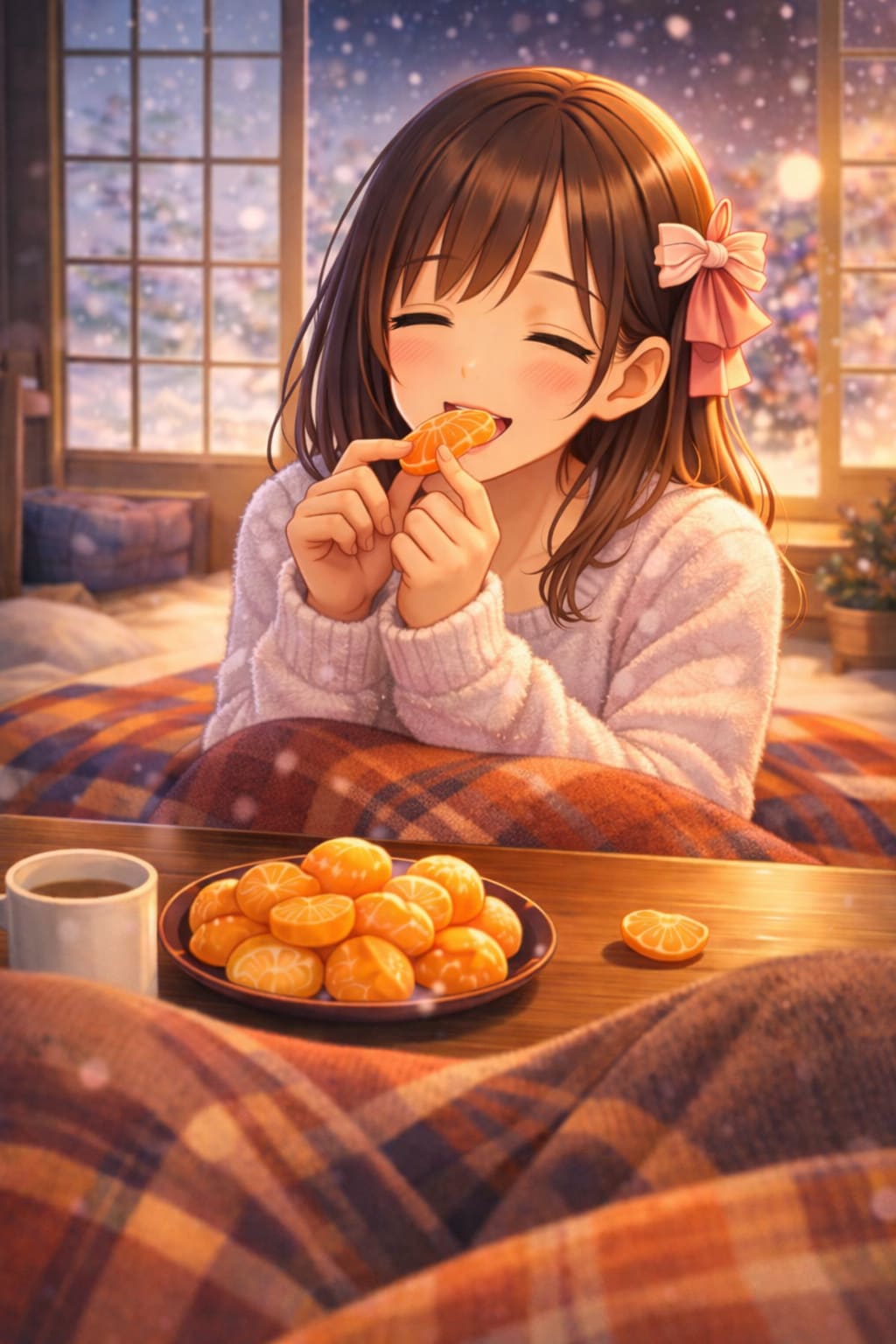 「炬燵で、みかん分けっこ。」