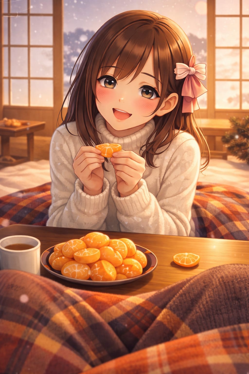 「炬燵で、みかん分けっこ。」