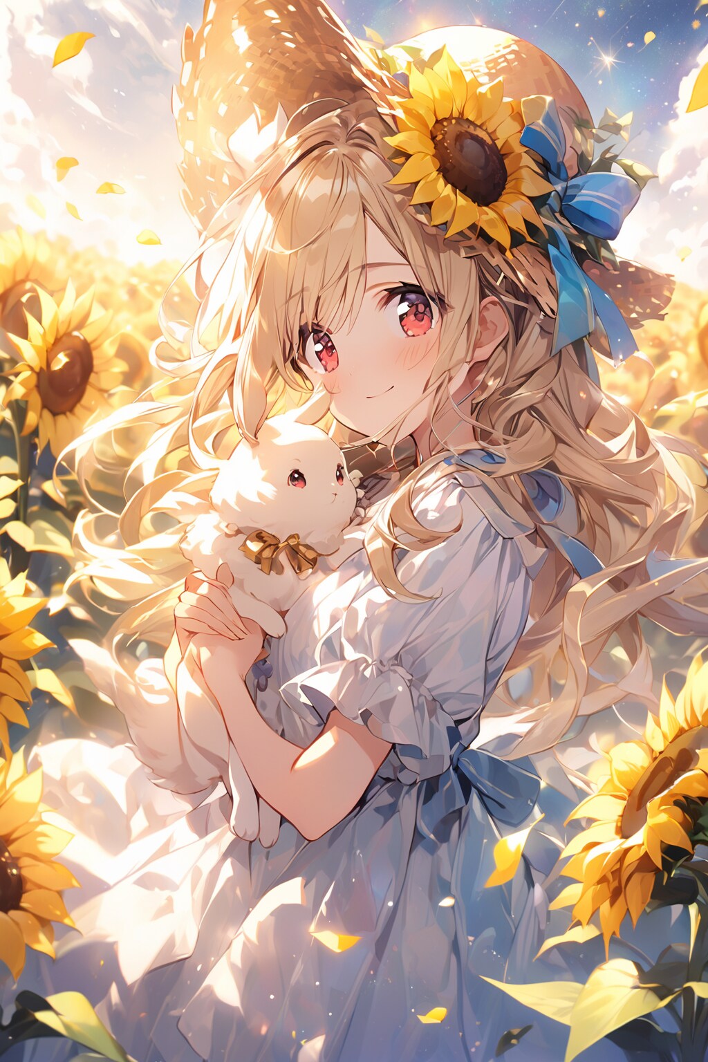 ひまわり畑で遊ぶ少女