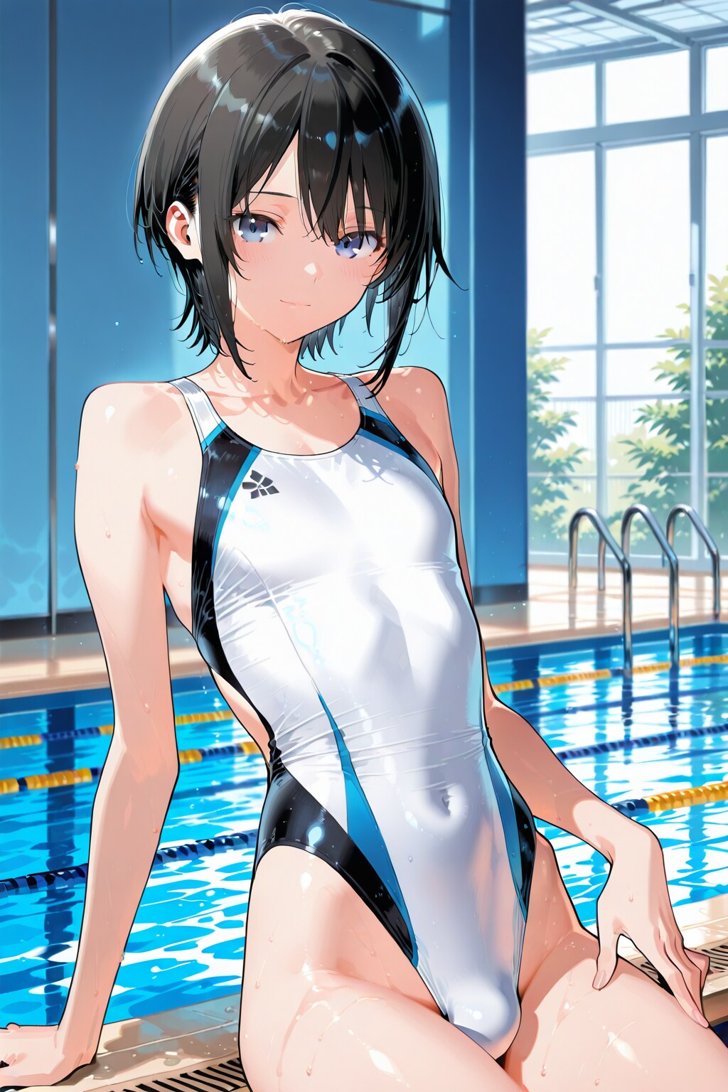 白い競泳水着を着た男の娘