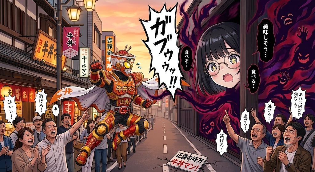 正義の牛丼マン！vs…？
