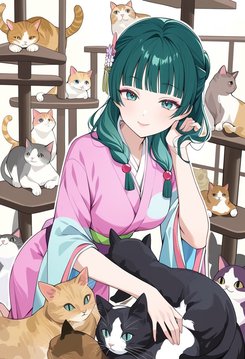 猫だらけ（緑髪娘） | の人気AIイラスト・グラビア