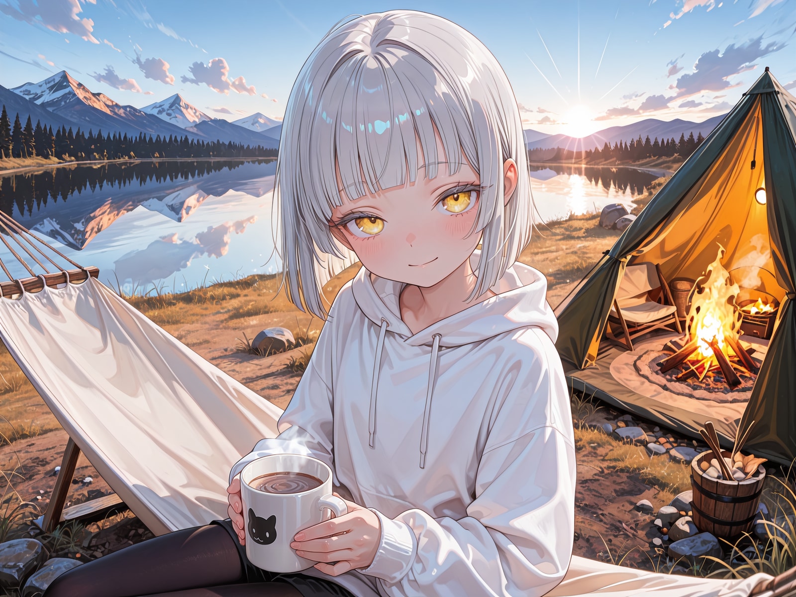 キャンプ中の白髪娘さん。
