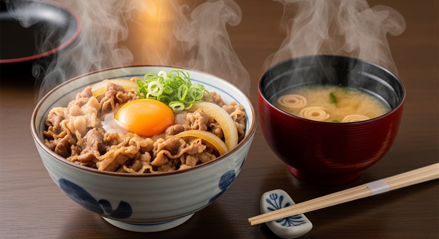 摩訶不思議食堂の卵乗せ牛丼と味噌汁のセット | の人気AIイラスト・グラビア