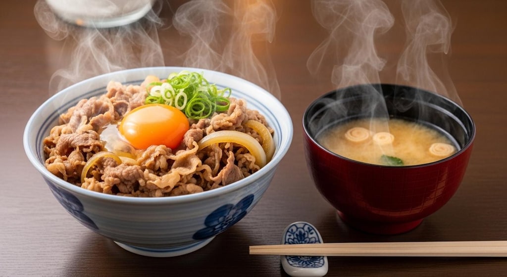 摩訶不思議食堂の卵乗せ牛丼と味噌汁のセット