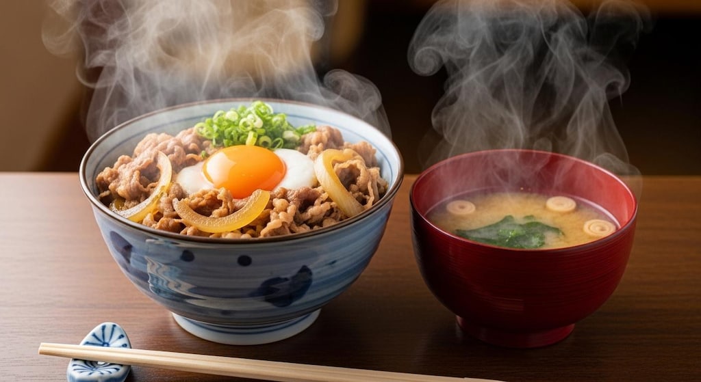 摩訶不思議食堂の卵乗せ牛丼と味噌汁のセット