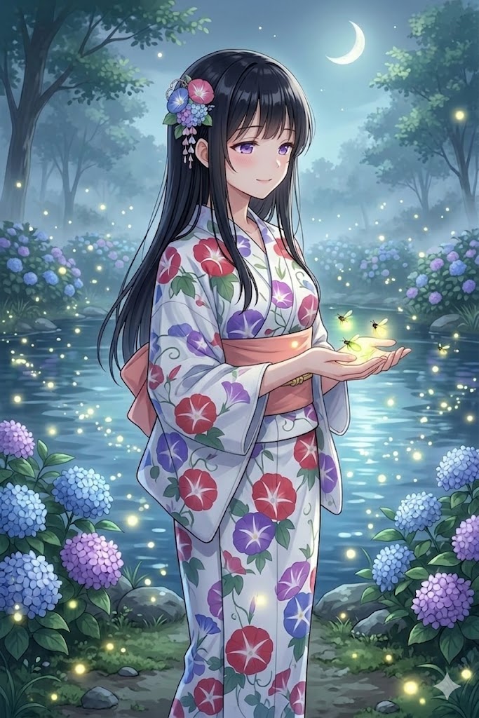 月夜の蛍と美少女😍