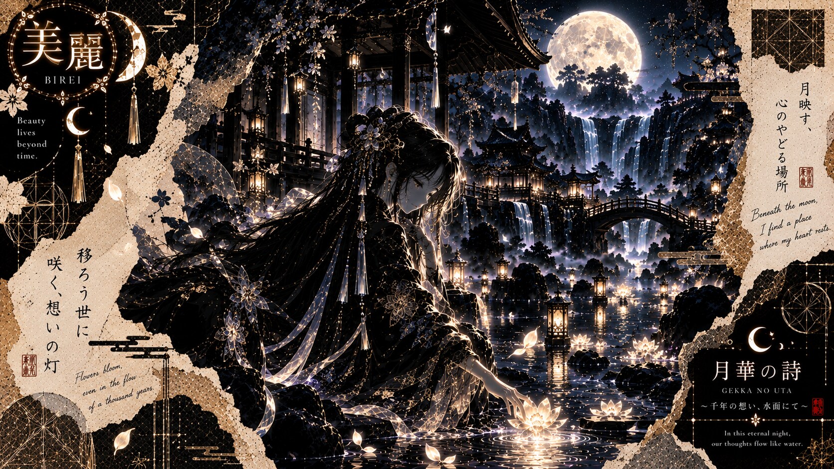 Moonflower Poem — A Thousand Years of Longing  Beneath the moon, I find a place where my heart rests | の人気AIイラスト・グラビア