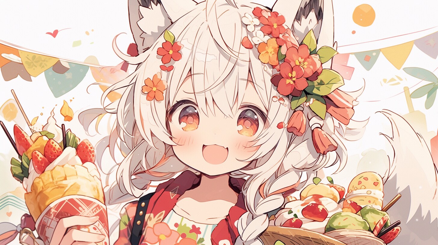 花冠の白狐と夏祭りの甘い宝探し | の人気AIイラスト・グラビア