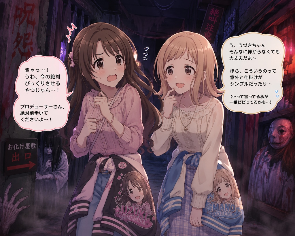 遊園地のお化け屋敷を歩く島村卯月と櫻木真乃