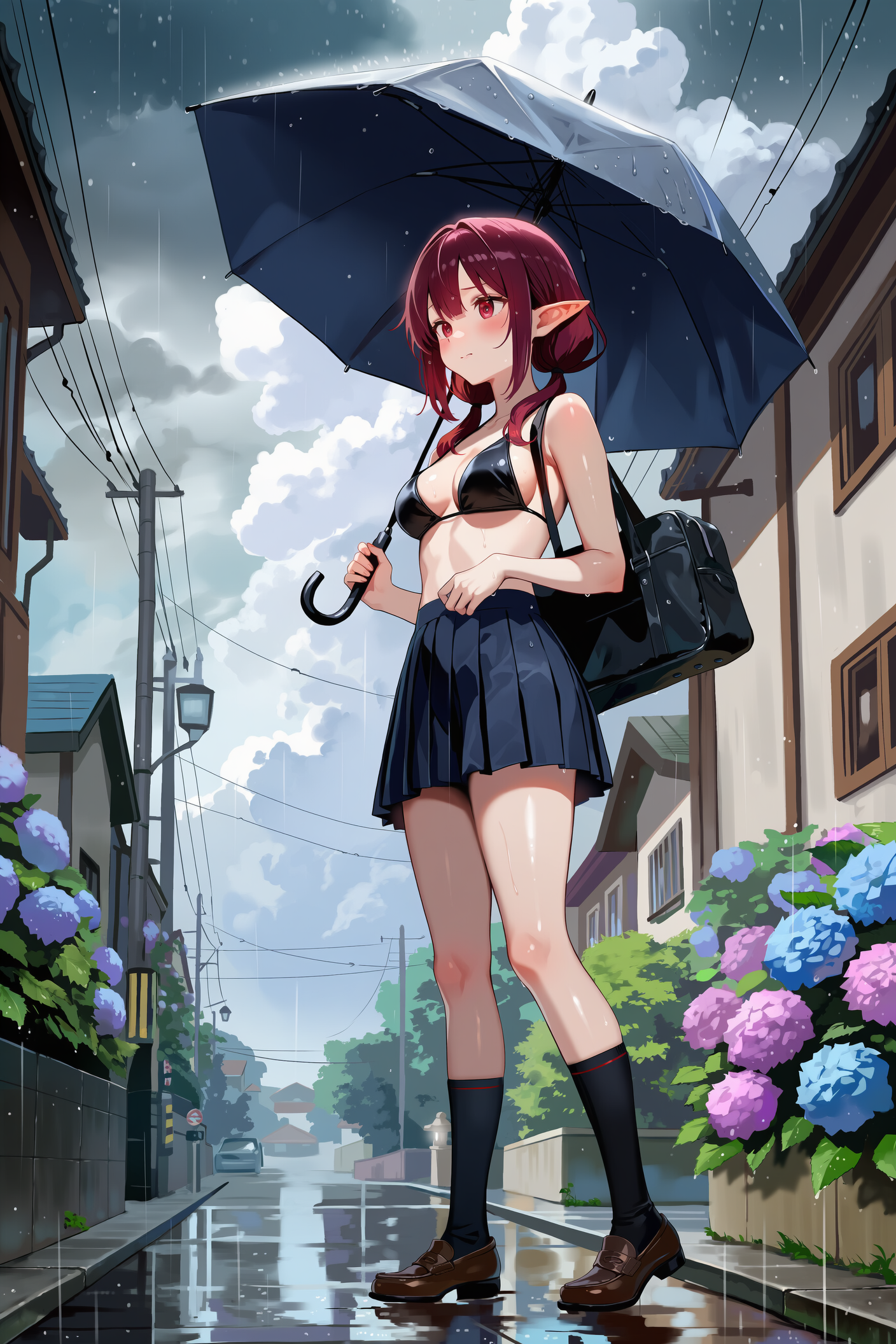 紫陽花と、傘と、上半身ビキニ+プリーツスカートのエルフさん