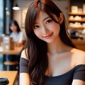 【習作】カフェにいるショルダーレスの服を着た日本人女性 9枚目