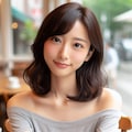 【習作】カフェにいるショルダーレスの服を着た日本人女性 2枚目