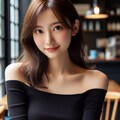 【習作】カフェにいるショルダーレスの服を着た日本人女性 5枚目