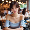 【習作】カフェにいるショルダーレスの服を着た日本人女性 4枚目