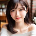【習作】カフェにいるショルダーレスの服を着た日本人女性 3枚目