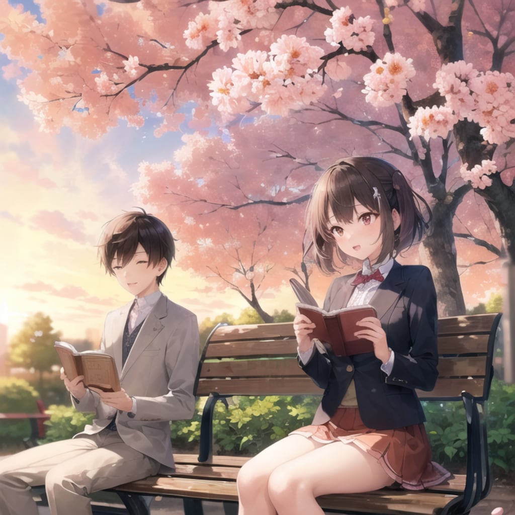 夕焼け、桜散る公園、ミニスカートの女の子が勉強デート