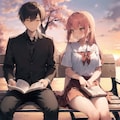 夕焼け、桜散る公園、ミニスカートの女の子が勉強デート 3枚目