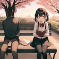 夕焼け、桜散る公園、ミニスカートの女の子が勉強デート 7枚目