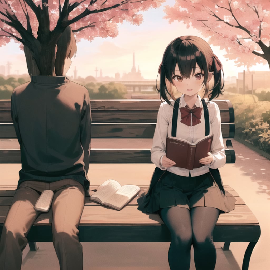 夕焼け、桜散る公園、ミニスカートの女の子が勉強デート