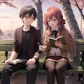 夕焼け、桜散る公園、ミニスカートの女の子が勉強デート 6枚目