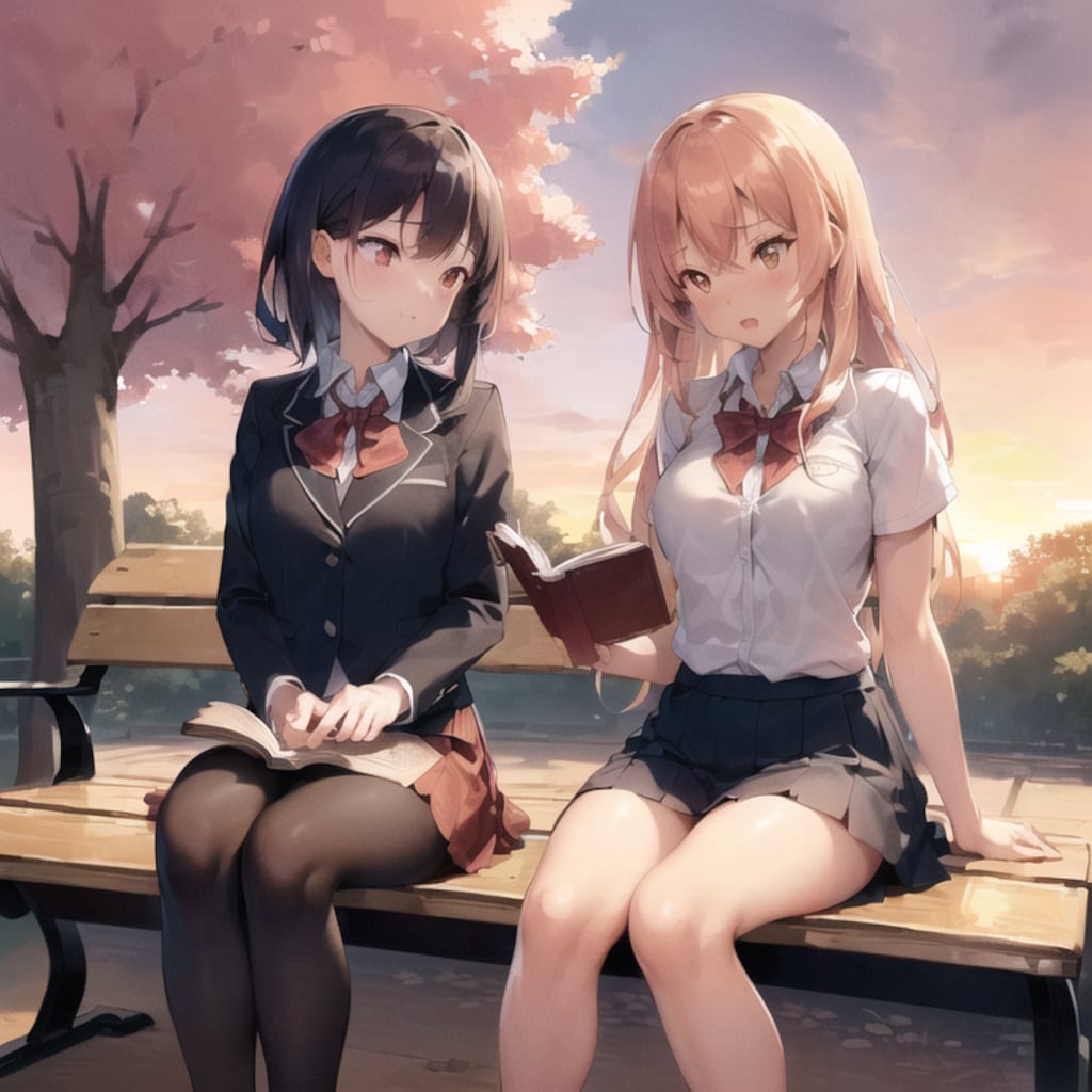 夕焼け、桜散る公園、ミニスカートの女の子が勉強デート
