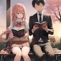 夕焼け、桜散る公園、ミニスカートの女の子が勉強デート 2枚目